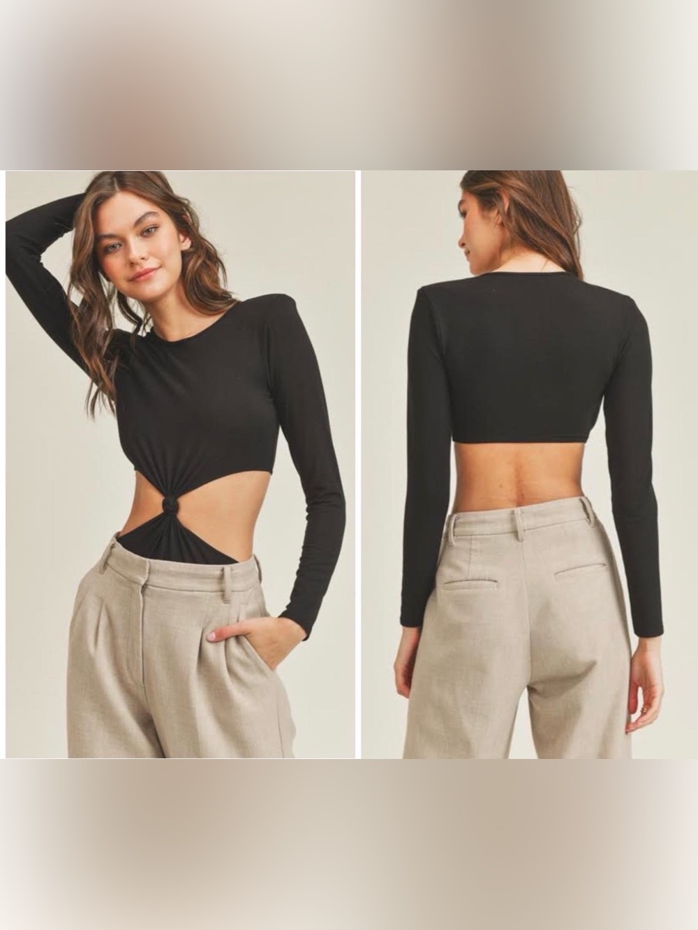 Black Long-Sleeve Knot Cutout Crop Top - Women